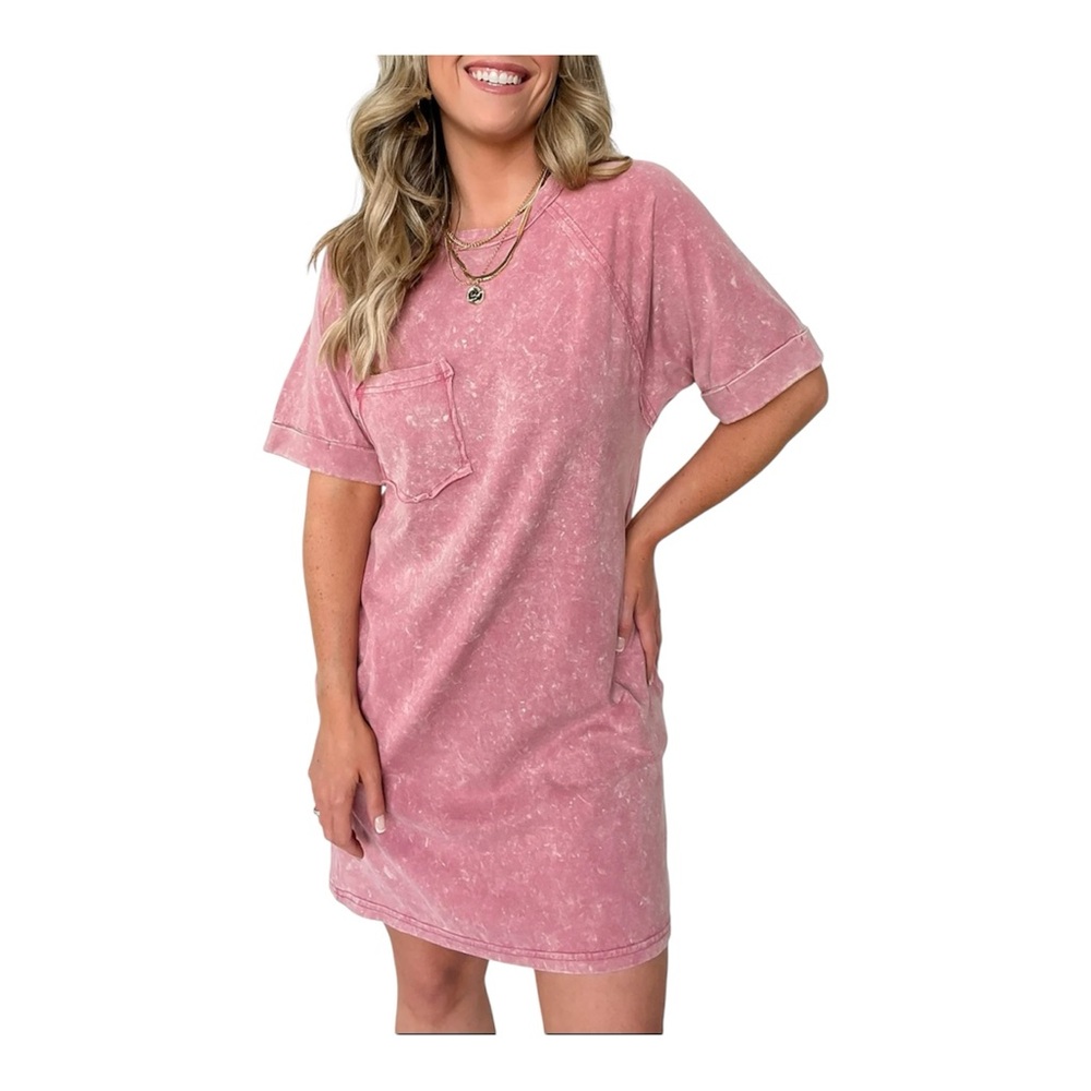 New In Leonia Short Sleeve Pocket T-Shirt Dress Light Heather Pink Size M